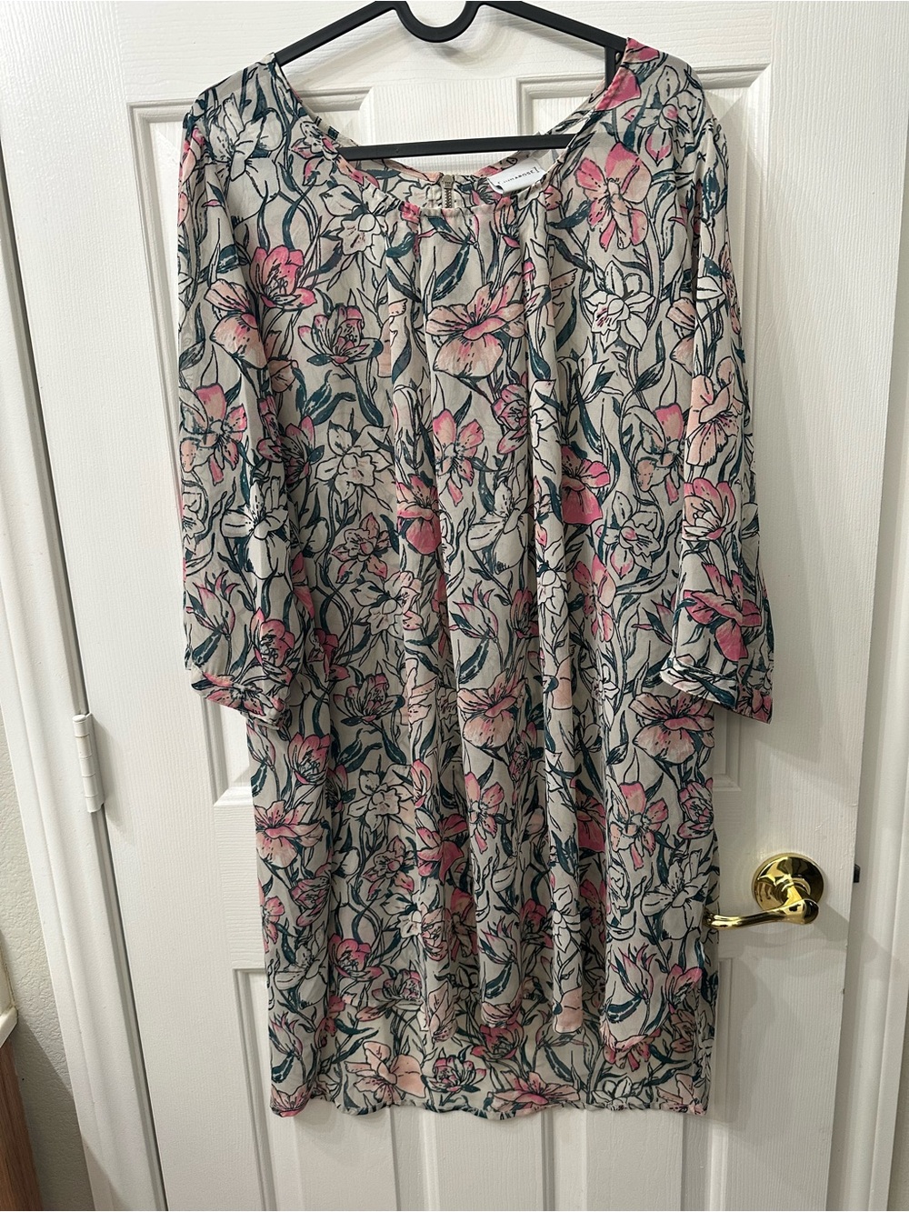 Junarose Top Tunic Blouse Sheer Cream Pink Green Zipper 3/4 Sleeves 16